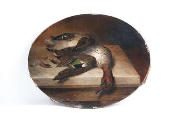 Hunting trophies still life painting on canvas with dead ducks birds
