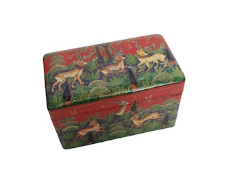Vintage Hand Painted Kashmiri Papier Mache Playing Card Box Hunting Scene Lacquer