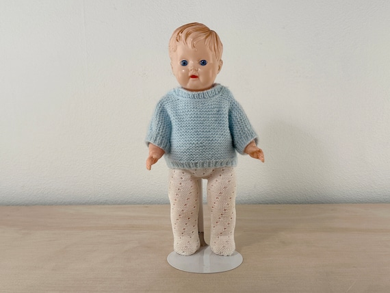 Kader Boy Doll Plastic in Handmade Blue Sweater and White Jumpsuit 1950s,  Blue Eyes Movable Arms, Legs and Head 