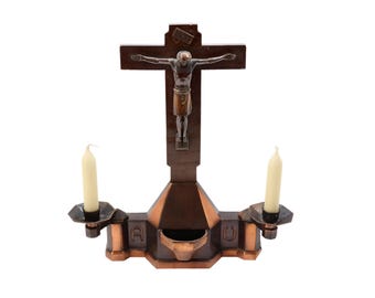 Set d'autel de table vintage avec crucifix et bénitier