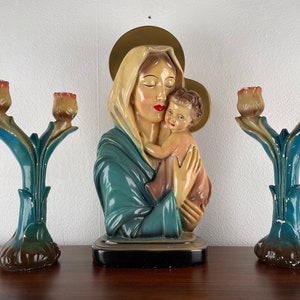 Mary with Jesus Altar Set 1920s Chalkware , Antique Madonna Statue and Pair of Candlesticks, 4-Candle Religious Catholic Decor