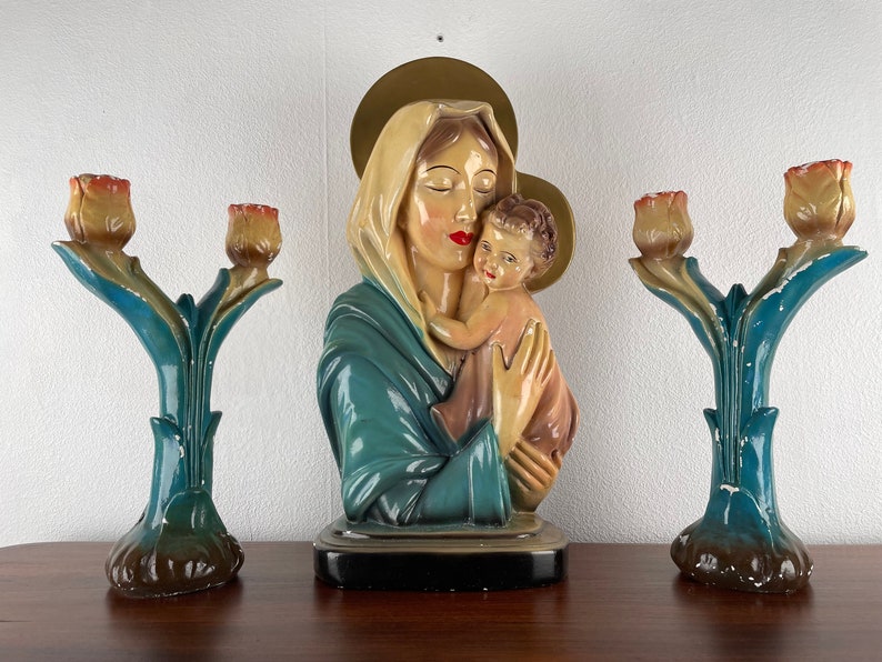 Mary with Jesus Altar Set 1920s Chalkware , Antique Madonna Statue and Pair of Candlesticks, 4-Candle Religious Catholic Decor
