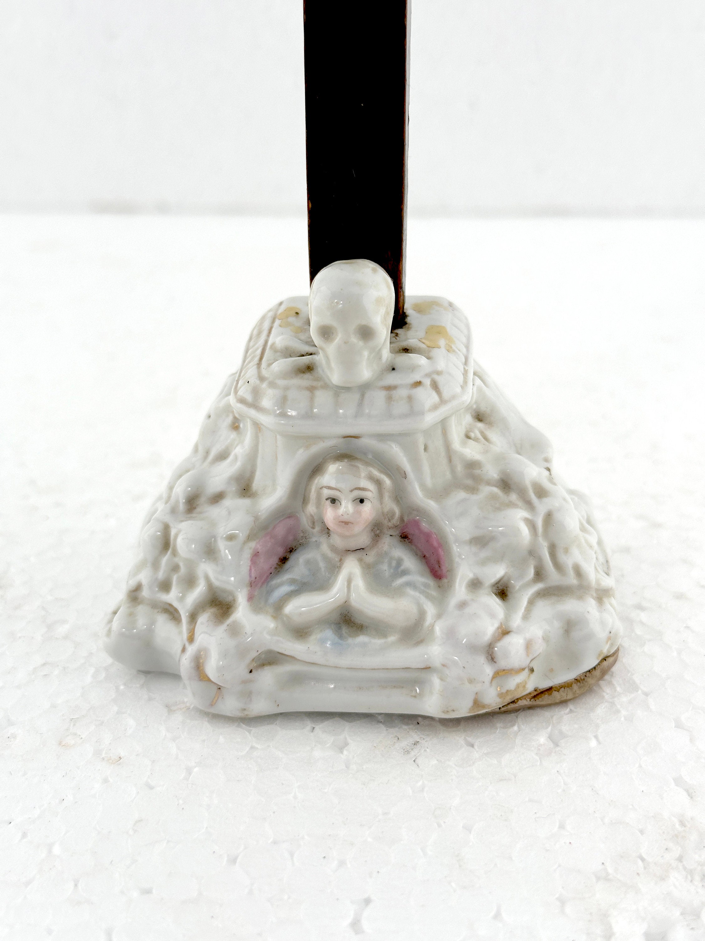 Antique Table Crucifix: Porcelain Angel, Skull, Wooden Cross (1800s)