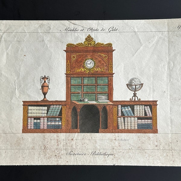 Engraving, hand-colored Plate 276 from Collection de Meubles et Objets de Goût: Secretaire Bibliotheque, approx 1820, Pierre de La Mésangère