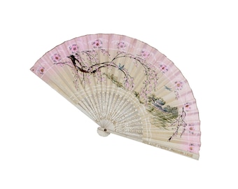 Abanico plegable japonés antiguo Verlaine Freres Liege con decoración pintada a mano en forma de flor de cerezo.
