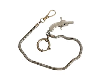 Antique Miniature Pinfire Pistol Watch Fob Chain Vintage Novelty Gun Charm