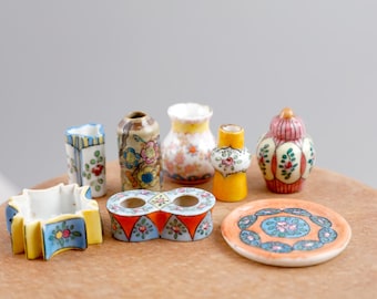 8 rare miniatures made by Gabriel Fourmaintraux, vases, tray, bowl, hand-painted, doll tableware, dollhouse decoration, letterbox miniatures