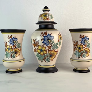 3 plateel vases modern, Dutch pottery, Gouda plateel Modica, handicraft Holland, farmhouse deco, Shabby vintage, vase with lid, flower decor