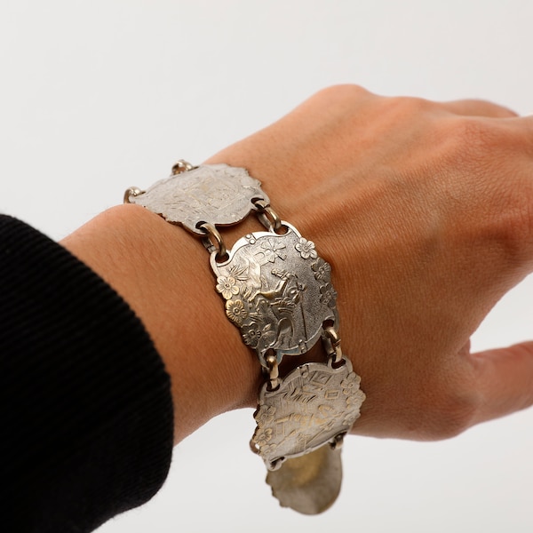Don Quixote Cuff Bracelet, French Souvenir Panel Bracelet, Literary gift, Costume Jewellery, silver and gold colours