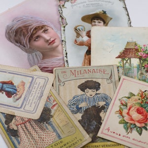 Set di 7 cartoline vintage del 1800, pubblicitarie, religiose, d'amore, ritratti, da collezione