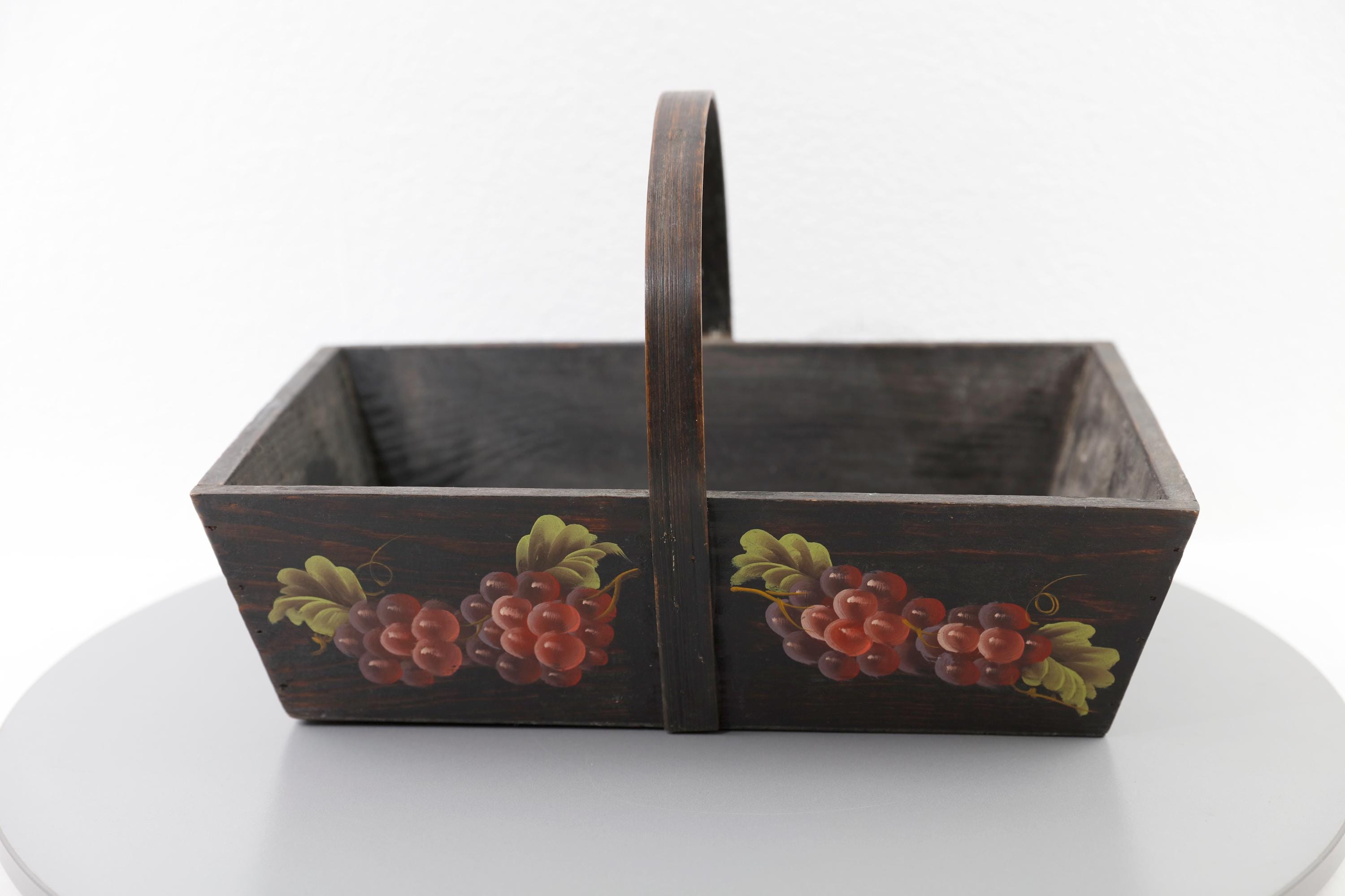 Hand painted French Vintage trug, wooden trug, Grapes Motif Garden Trug for harvesting mushrooms or berries