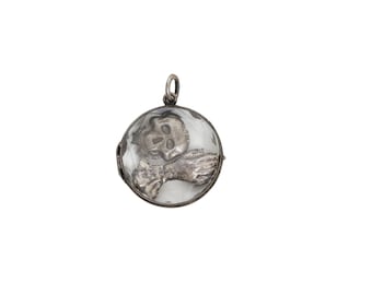 Antique Silver Memento Mori Glass Locket Skull Praying Hands Pendant Victorian