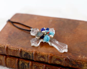 Eclectic Clear Cross Necklace | Upcycled Resin Rosary Flowers Pendant | Mixed Media Christian Jewelry