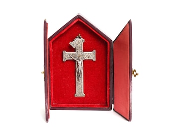 Antique French Travel Shrine Box With Silvered Crucifix Pendant Victorian Altar