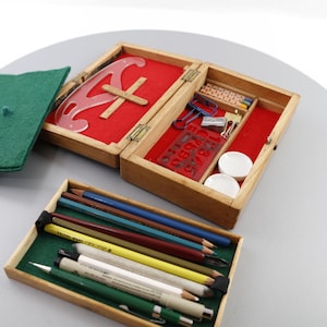 Estuche de madera vintage para dibujo de artistas, con bandeja en su interior, con rastros de uso, estuche para dibujo de pintores, estuche para arte con herramientas incluidas.