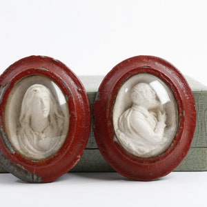 Vintage Meerschaum Religious Miniatures: Virgin Mary & Man, Distressed Red Frames