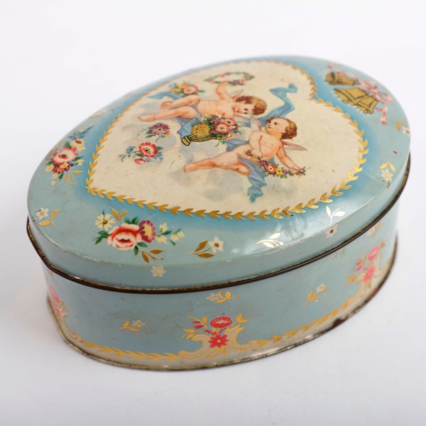 Tin with angels of Cote d'Or, blue gold and colourful flowers, metal storage box, decorative treasure