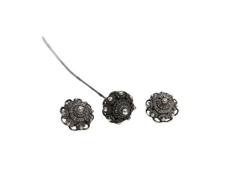 Antique Dutch Filigree Silver Buttons Hatpin Set Zeeuwse Knoop Jewelry