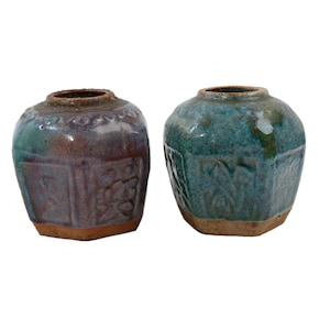 Vintage Blue Green Glazed Ginger Jars: Asian Hexagon Pottery