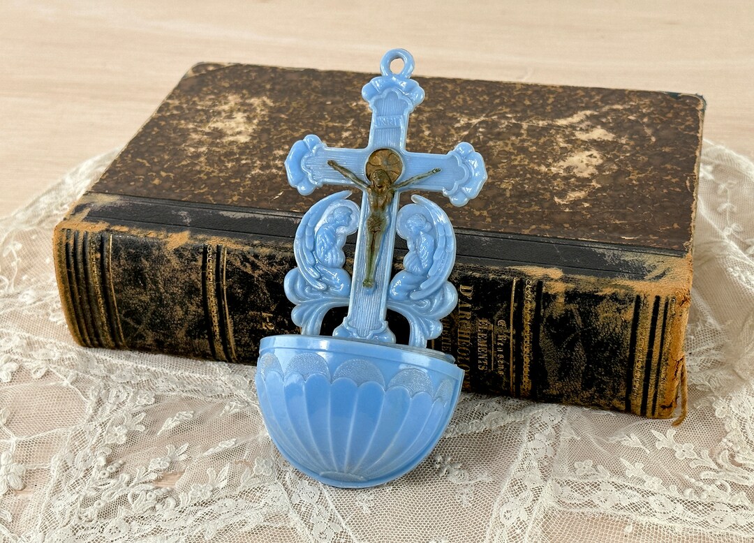 Holy Water Font Blue Plastic Crucifix and 2 Angels, Home Altar, Home