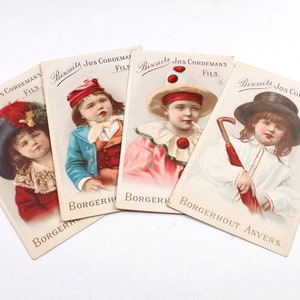 4 koekjesreclame kaartjes met kinderen verkleed als volwassenen, 1 jongen is zelfs aan het roken, Jos Cordemans Fils, Borgerhout Antwerpen.