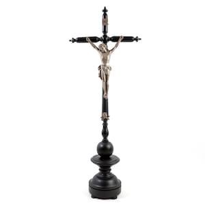 Antique Black Wood Crucifix: Metal Jesus, Skull & Bones Altar