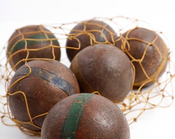 Set van 6 antiek gekleurde croquetballen, houten gestreepte croquetballen blauw groen geel, boerderijdecor, houten decor