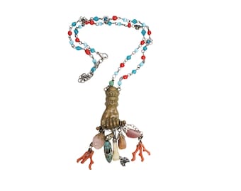 Antique Figa Hand Charm Necklace Coral Turquoise Agate Amulet Protection Jewelry
