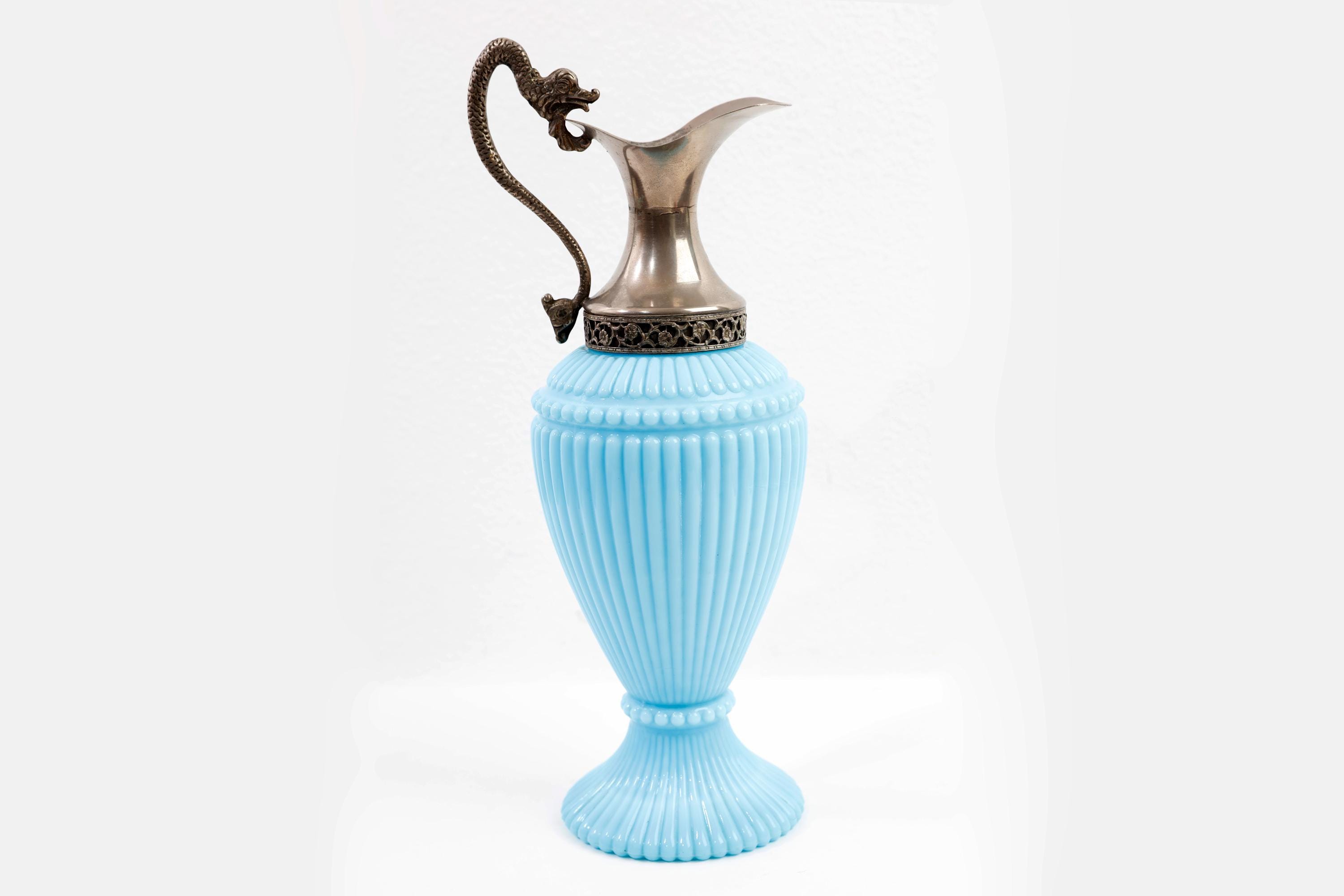 Jug blue opaline Italian Carafe, Vintage Opaline Vase,Collectible, Brandy decanter
