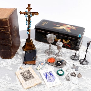 Box containing many religious objects, Miniature Portable Christian Mass Kit, collectibles rare pieces, mini bible from 1894 and bible 1906