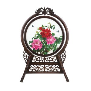 Vintage Table decoration Double Sided Screen Silk Embroidery Under Glass Rotating Stand 