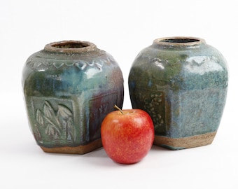 2 Ginger Jars blue green glazed, Asian pottery, chinese jar, 6 angular Hexagon jar container, kitchen deco