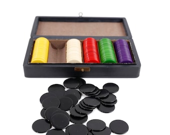 Fiches da gioco antiche in bachelite in scatola, RARO set di fiches da poker da viaggio in bachelite