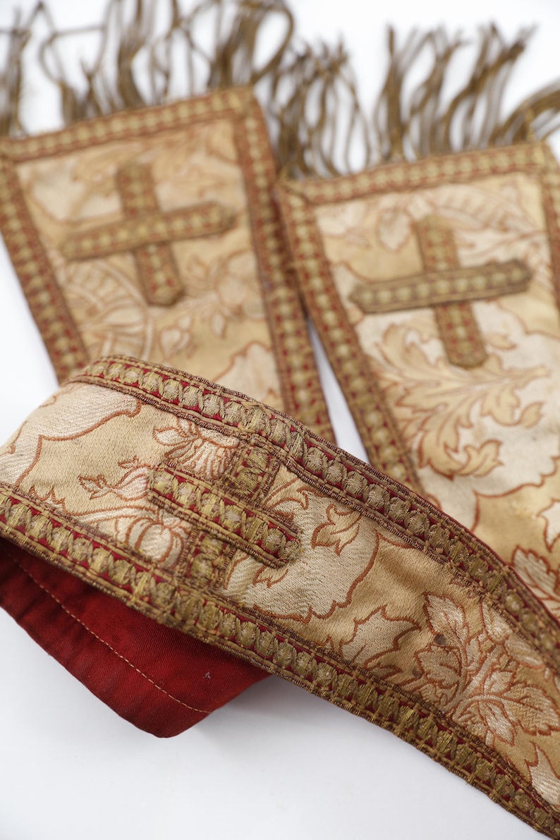 Worn Maniple hand embroidered crosses, liturgical vestment, religious church clothing, religious decorative piece, Catholic garment
