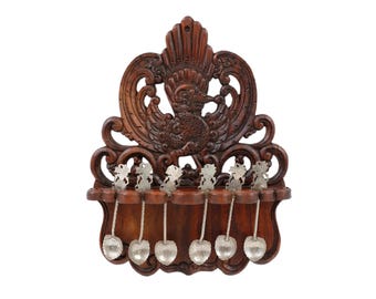Vintage Hand Carved Wood Wayang Doll Tea Spoon Rack with 6 Spoons