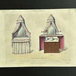 Antieke Franse meubellithografie: Pompadour toilette-commode, 1849