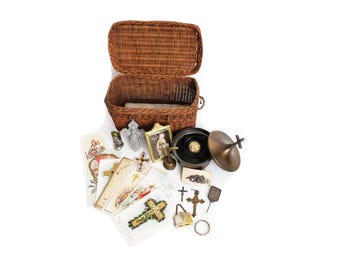 Vintage Religious Devotional Collection Wicker Basket Holy Cards Crucifixes Sacramental Keepsakes Lot