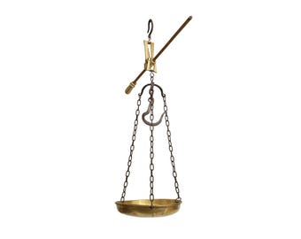 Antieke Steelyard-weegschaal, vintage hangende marktweegschaal met koperen pan en kettingen