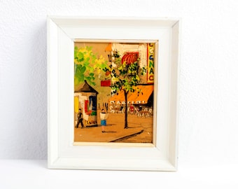 Small painting of an image that resembles Paris, France, signed by Dupont in a vintage white frame, wall hanging, wall art