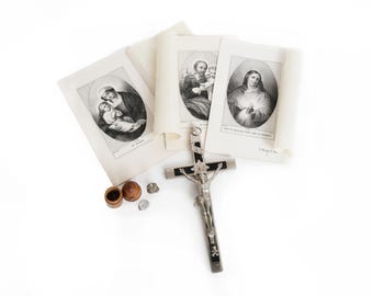 Antique French Religious Set 19th Century Wentzel Prints Ebony Memento Mori Crucifix