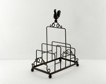 Black Wire Metal Magazine Newspaper Rack with a rooster on top, napkin holder, File Sorter, Mid Century Home Office Organisation