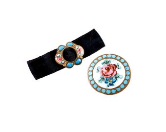 2 Antique Enamel Buttons | Victorian Floral Rose Button Set | Delicate Blue Dots