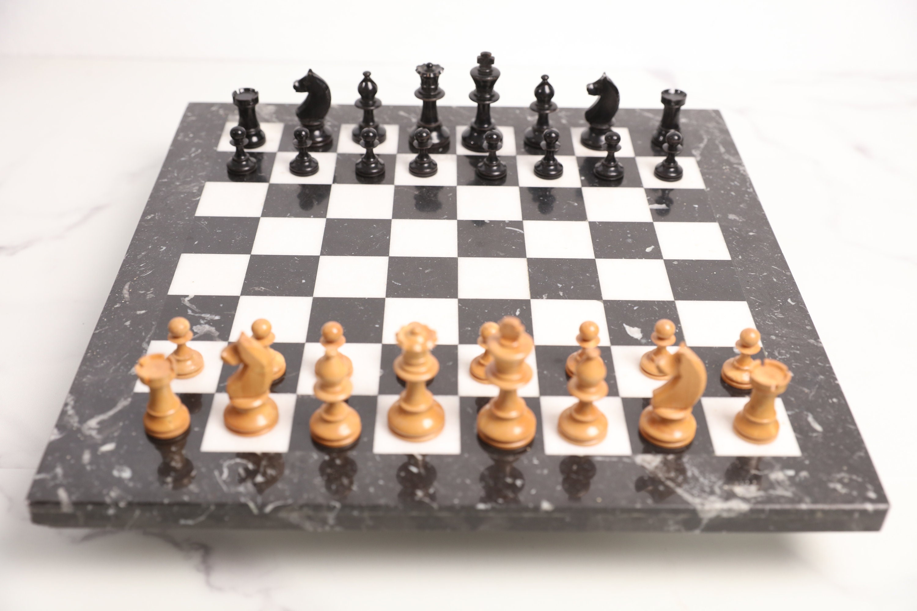 ヴィンテージ大理石チェスセット（古い木製駒付き、35 cm） - Etsy 日本