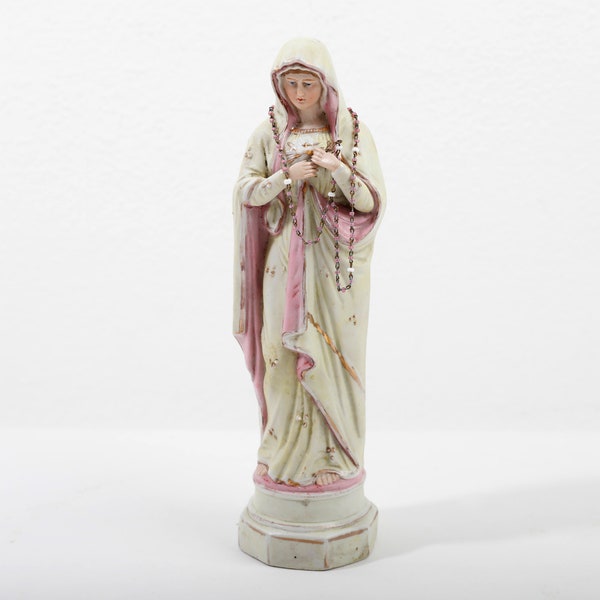 Madonna porcelain with real mini rosary, rare find Holy Mary with miniature pink and white rosary with crucifix with Jesus.