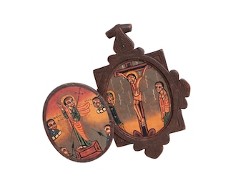 Hand Carved Ethiopian Coptic Wooden Pendant Icon – Vintage Double-Sided Orthodox Religious Diptych
