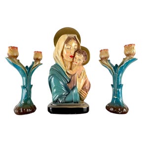 Antique Mary with Jesus Altar Set 1920s Chalkware