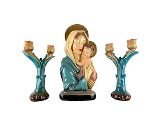 Antique Mary with Jesus Altar Set 1920s Chalkware