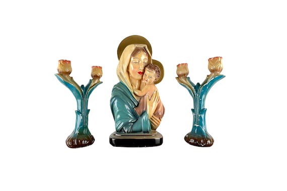 Antique Mary with Jesus Altar Set 1920s Chalkware