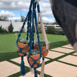 Puede incluir: Tres macetas de terracota con suculentas colgando de macramé para plantas. Dos macramés son azul turquesa y uno es crema.