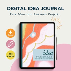 Puede incluir: Tableta digital con un diseño abstracto colorido y el texto "idea JOURNAL" en la pantalla. La tableta está sobre un fondo blanco con un fondo rosa y blanco detrás. Hay un lápiz blanco al lado de la tableta.